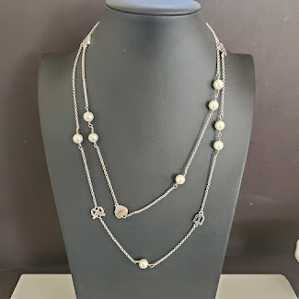 Juicy Couture Silver Tone Faux Pearl Rhinestone Heart Bow Long Layering Necklace